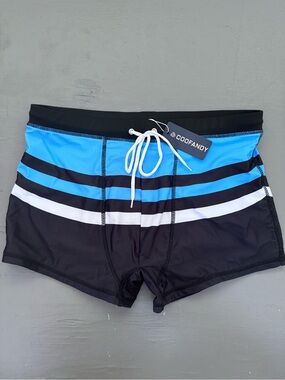 Men’s Black, Blue & White Stripe Swim Trunks